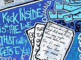 a painting of a bunch of writing on a blue wall