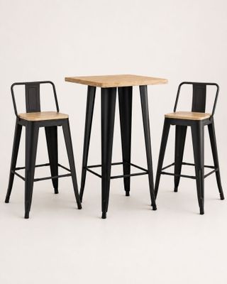 three stools and a table with a wooden top on a white background