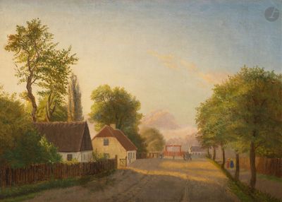 tableau représentant une route de campagne bordée de maisons et d'arbres de chaque côté