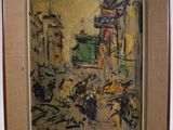 an image of a painting of a street scene with people walking