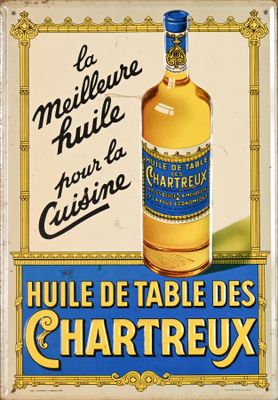 une vieille affiche française faisant la promotion d'une bouteille de Chartreux