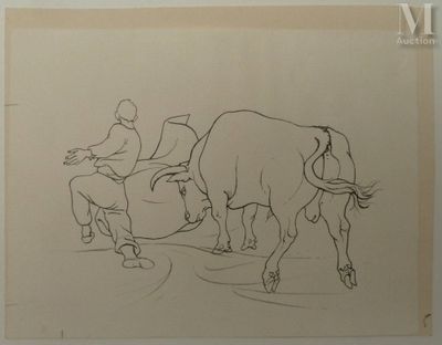 dessin représentant un homme chevauchant un taureau et un homme à cheval