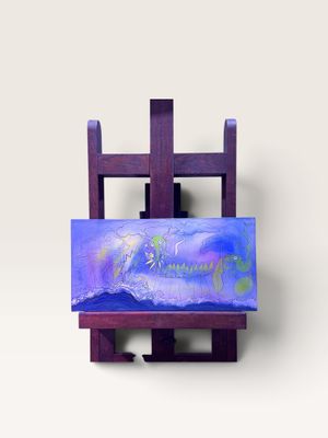 peinture violette et bleue sur un chevalet, sur fond blanc