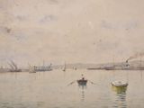 un tableau représentant un homme ramant dans un bateau sur l'eau