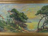 une image d'un tableau représentant une maison au bord de l'eau