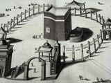 un dessin représentant un bâtiment au milieu d'une cour