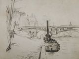 drawing of a boat on a river with a bridge in the background