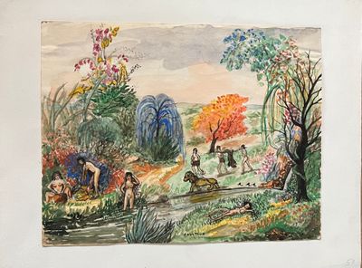 a picture of a painting of people and animals in the woods