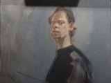 tableau représentant un homme tenant un couteau devant un tableau
