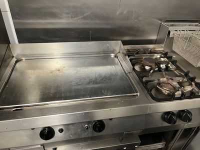 a stove top with a frying pan on it in a kitchen