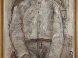une image représentant un tableau d'un homme en chemise blanche tenant une batte de baseball