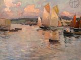 painting of sailboats in a harbor with a cloudy sky