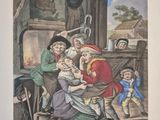 un vieux tableau représentant une famille dans une cuisine avec un enfant