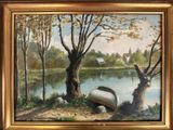 une peinture représentant un bateau au bord d'un lac