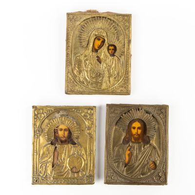 trois icônes plaquées or représentant Jésus et Marie