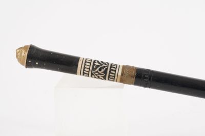 un tuyau noir avec un embout doré sur un fond blanc