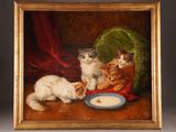 tableau représentant un groupe de chats en train de manger dans un bol posé sur une table
