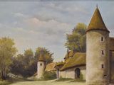un tableau représentant un château au milieu d'un champ