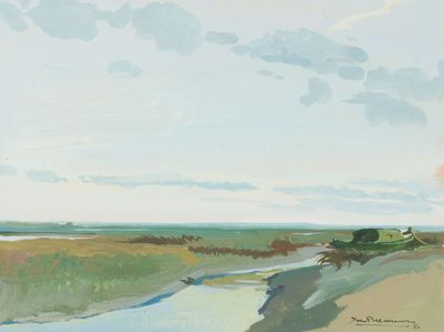 Yves BECMEUR (XXe). Vue du Bassin d'Arcachon et pinasse.