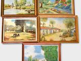 four framed paintings of a farm scene with a windmill and a river