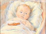 a painting of a baby in a bed with a hot dog in it