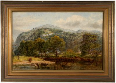 une peinture à l'huile représentant des vaches au bord d'une rivière, avec une montagne en arrière-plan