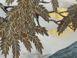 a painting of a bird sitting on a branch of a tree