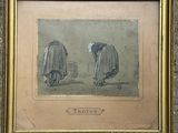 painting of two men in cloaks, one holding a cane and the other carrying a basket