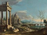 peinture représentant un paysage avec des ruines et un pont au loin
