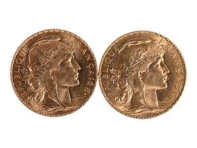 Deux pièces de vingt francs or au coq, 1910. Usures. - Photo 1