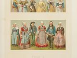 many people dressed in fancy clothing standing together