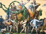 painting of a group of people riding on top of a horse drawn carriage