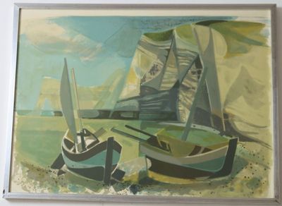 un tableau représentant deux bateaux sur la plage, au bord de l'eau