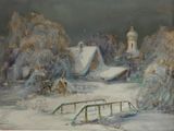 une image représentant un tableau représentant un paysage enneigé avec une église en arrière-plan