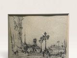 drawing of a street scene with a clock tower in the background