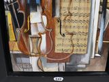 a picture of a painting of a violin and sheet music