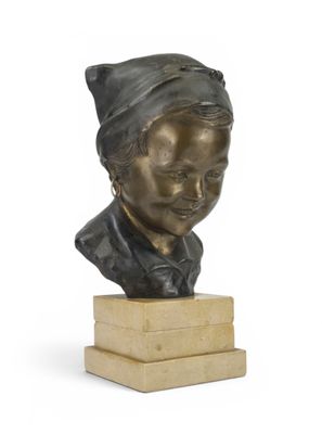 bronze bust of a woman with a hat on top of a wooden base