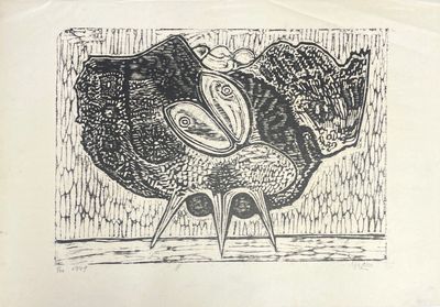 un dessin en noir et blanc représentant une dinde posée sur une table