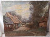 une peinture à l'huile représentant une route de campagne avec, en arrière-plan, une maison au toit de chaume