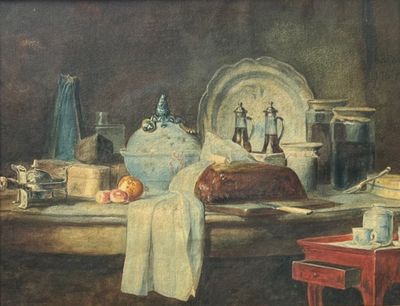 un tableau représentant une table sur laquelle se trouve un gâteau