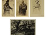a set of four drawings of men in hats and coats