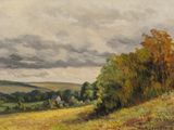 an image of a painting of a field with trees and clouds in the background