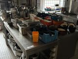 many pots and pans on the counter in the kitchen