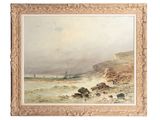 une image représentant une peinture d'une scène de plage avec un bateau au loin