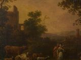an old painting of a man and a woman in a landscape with cattle