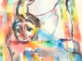 une image représentant une aquarelle d'une femme sur une balançoire