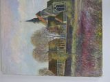 a picture of a painting of a church on a hill