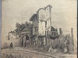 drawing of an old building with a man standing in front of it