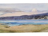 watercolor painting of a view of a lake with mountains in the background