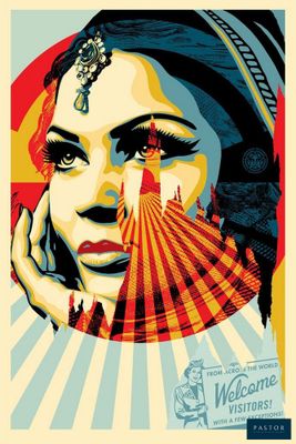 a poster of a woman with a fan in her hand